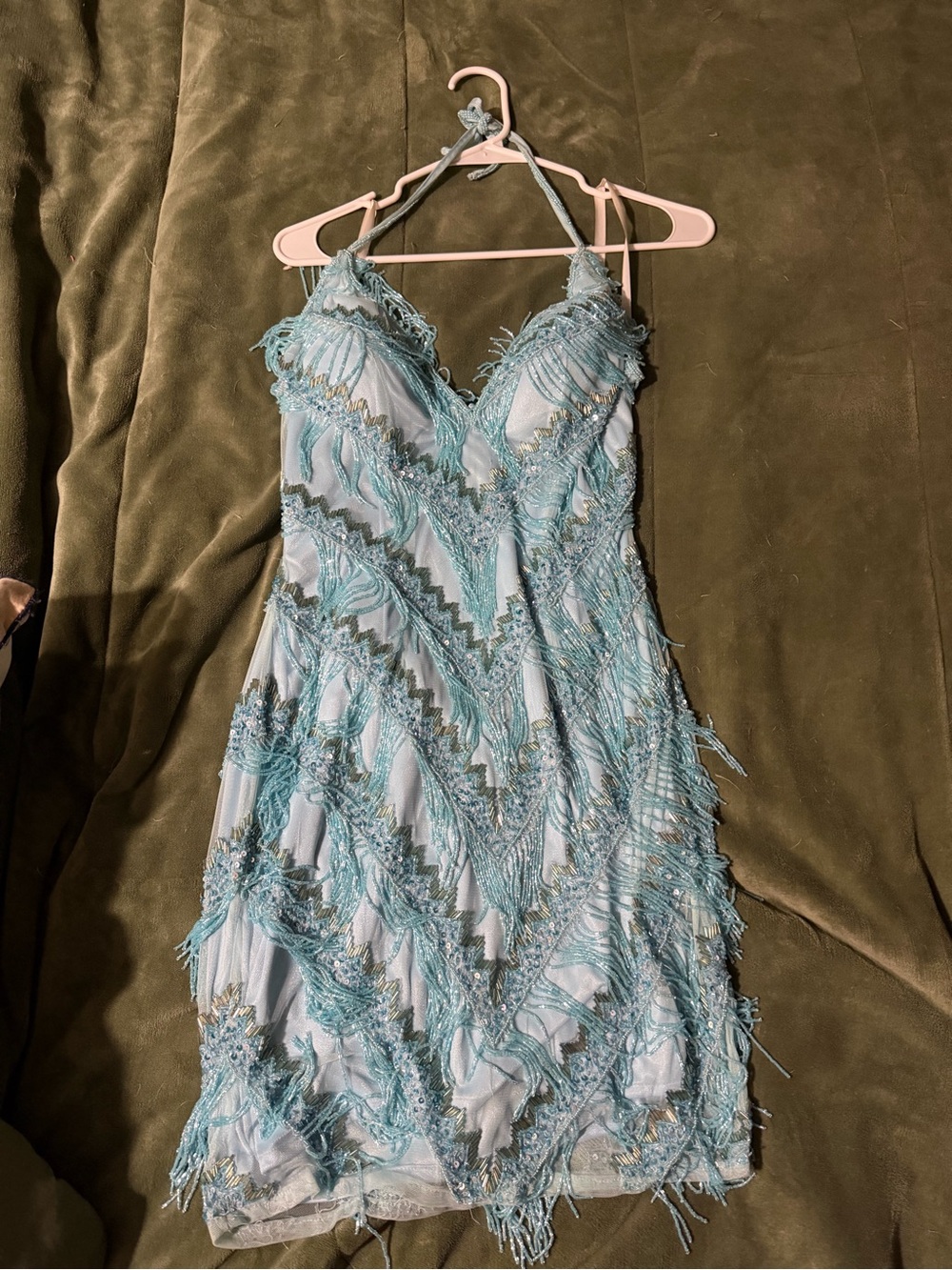 Aqua Fringe Embellished Halter Prom Dress